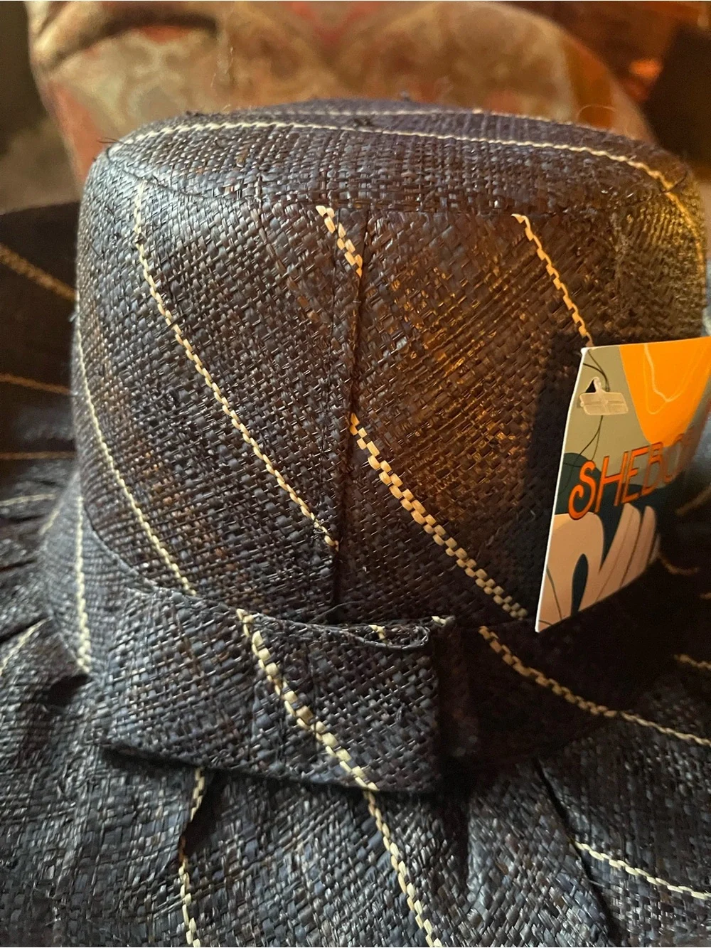 Women's Black Straw Fedora with Tan Pinstripe Detail